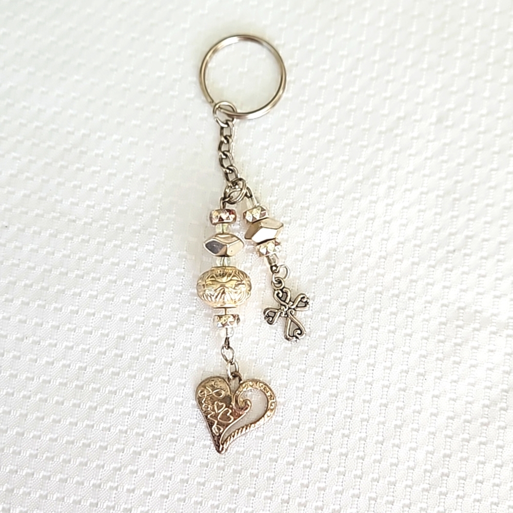 Handcrafted Faith And Love Silver Toned Cross And Heart Keychain